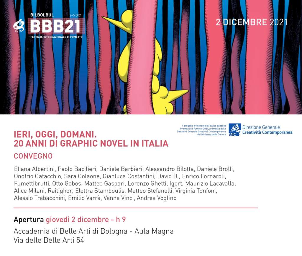 La locandina del convegno Ieri, oggi, domani. 20 anni di graphic novel in Italia al Bilbolbul 2021 