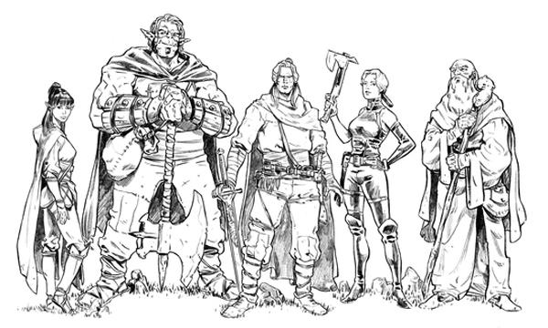 Ian Aranill 'Dragonero' insieme a sua sorella Myrva e ai suoi amici: l'elfa Sera, l'orco Gmor e il luresindo Alben